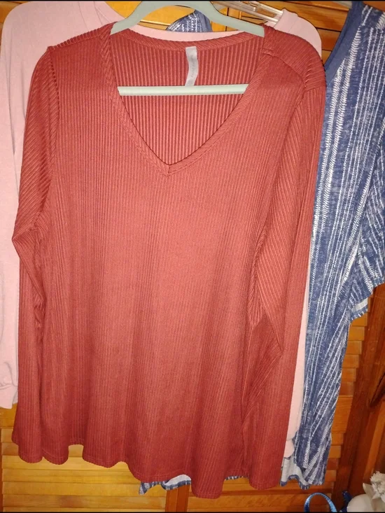 LuLaRoe Ribbed V-Neck Long Sleeve Top in Rusty Brick - Picture 2 of 4